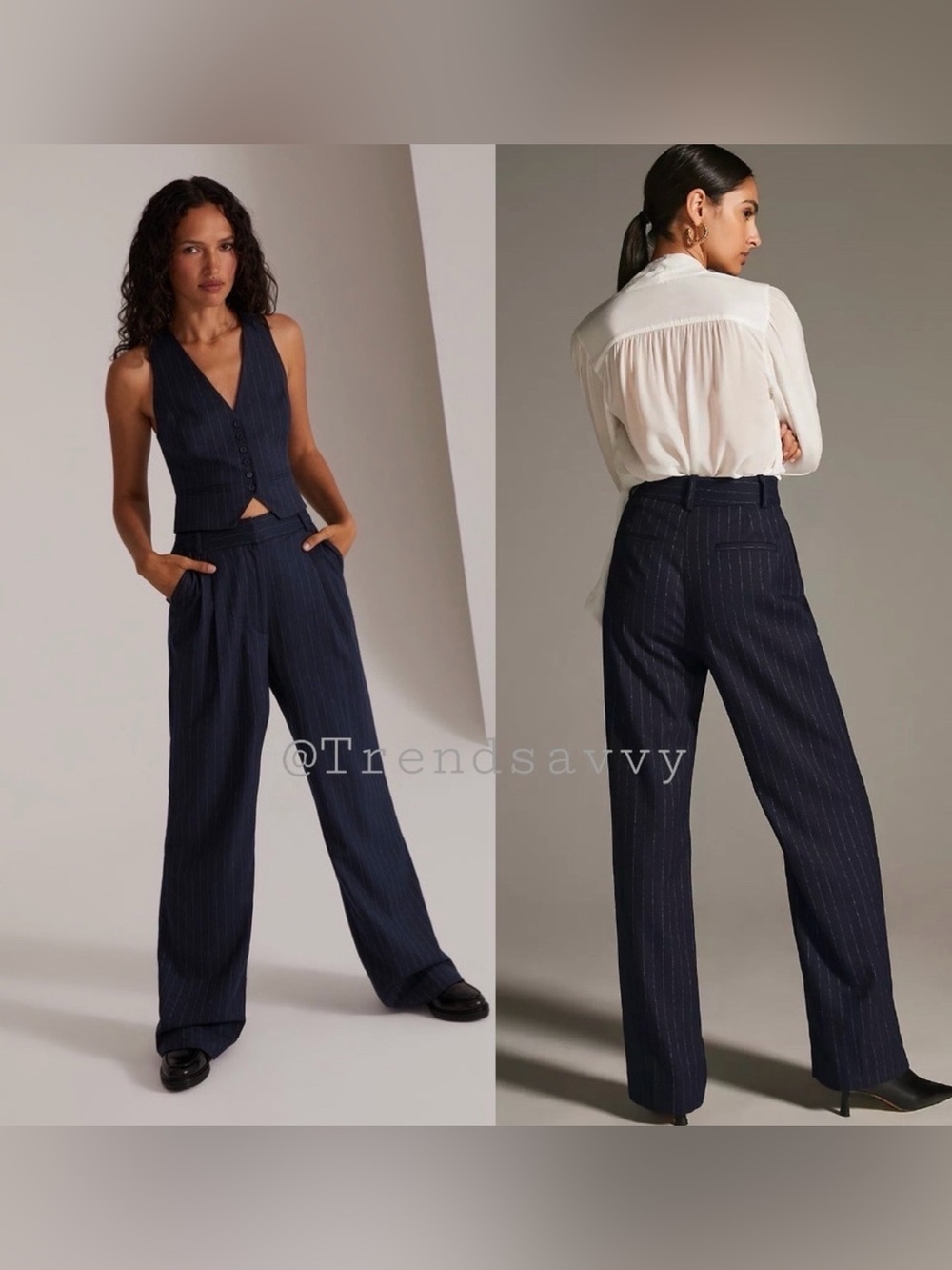 Anthropologie Favorite Daughter Navy Pinstripe Wide Leg High Rise Trouser Pants - Picture 4 of 8
